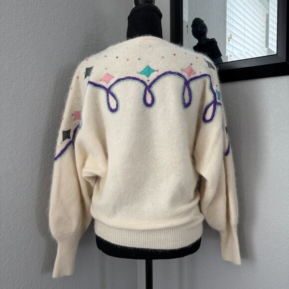 Vintage 80s Pastel Angora Geometric Sweater Cream Ivory Large - Picture 6 of 12